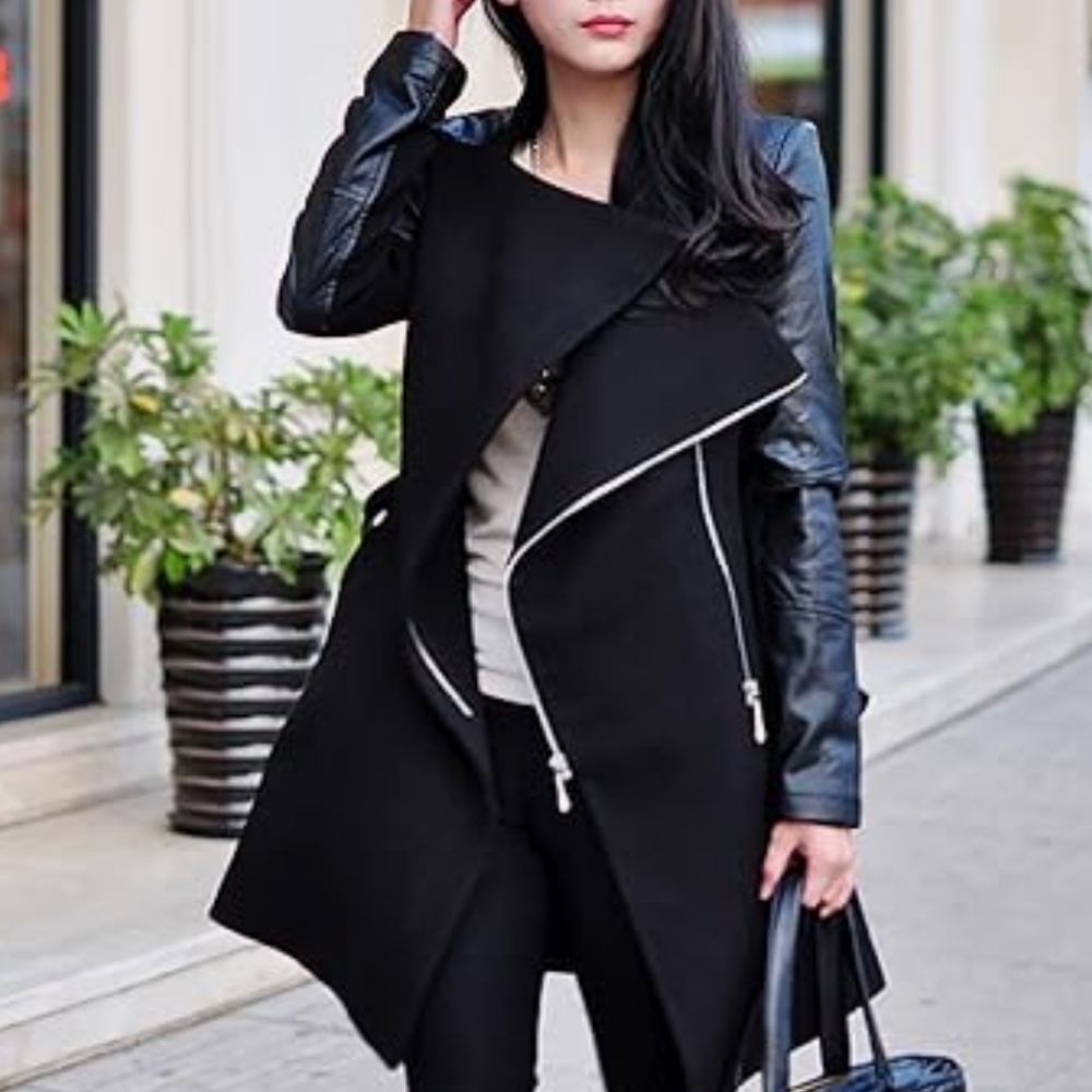 Black Multi Wear Wool Blend Trench Coat with Faux Leather Sleeves